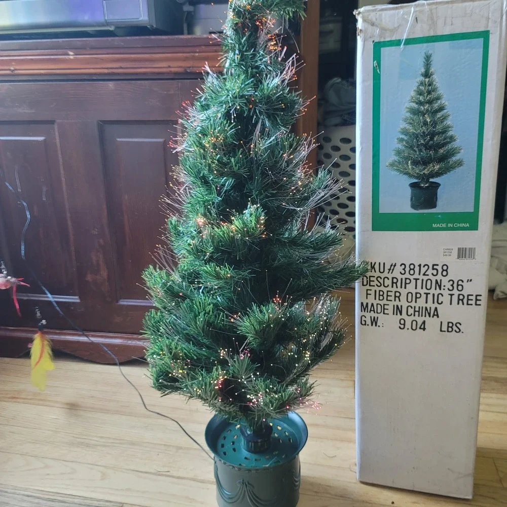Vintage 36 Inch Fiber Optic Christmas Tree Color Changing Lights Green Planter